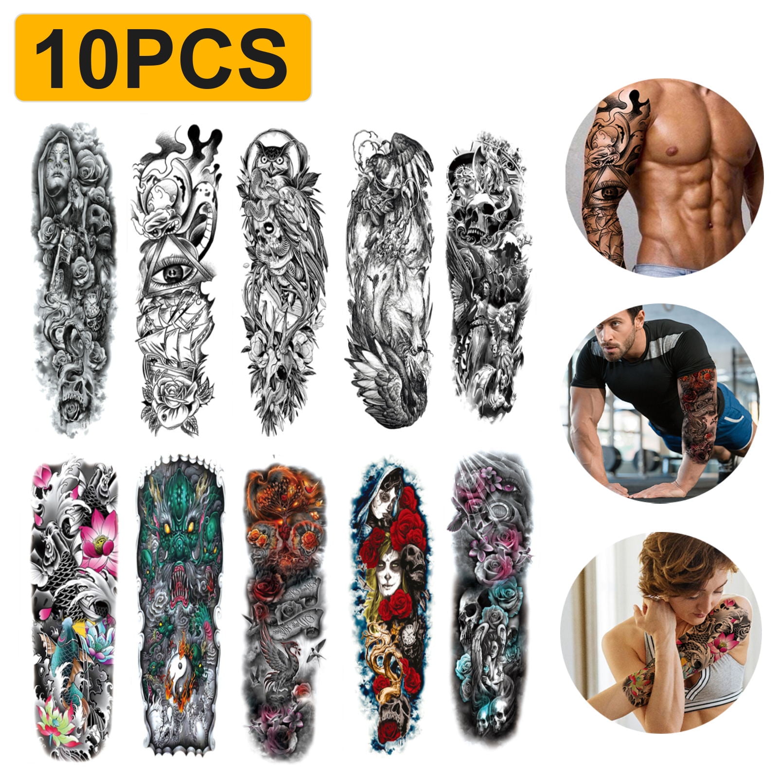 10 Sheets Full Arm Temporary Tattoos, TSV Large Temporary Tattoos, Waterproof Fake Body Tattoo Stickers for Man Women, Realistic Wolf Skull Dragon Rose Tattoo Sleeves Stickers, 6.6x18.9inch - Walmart.com